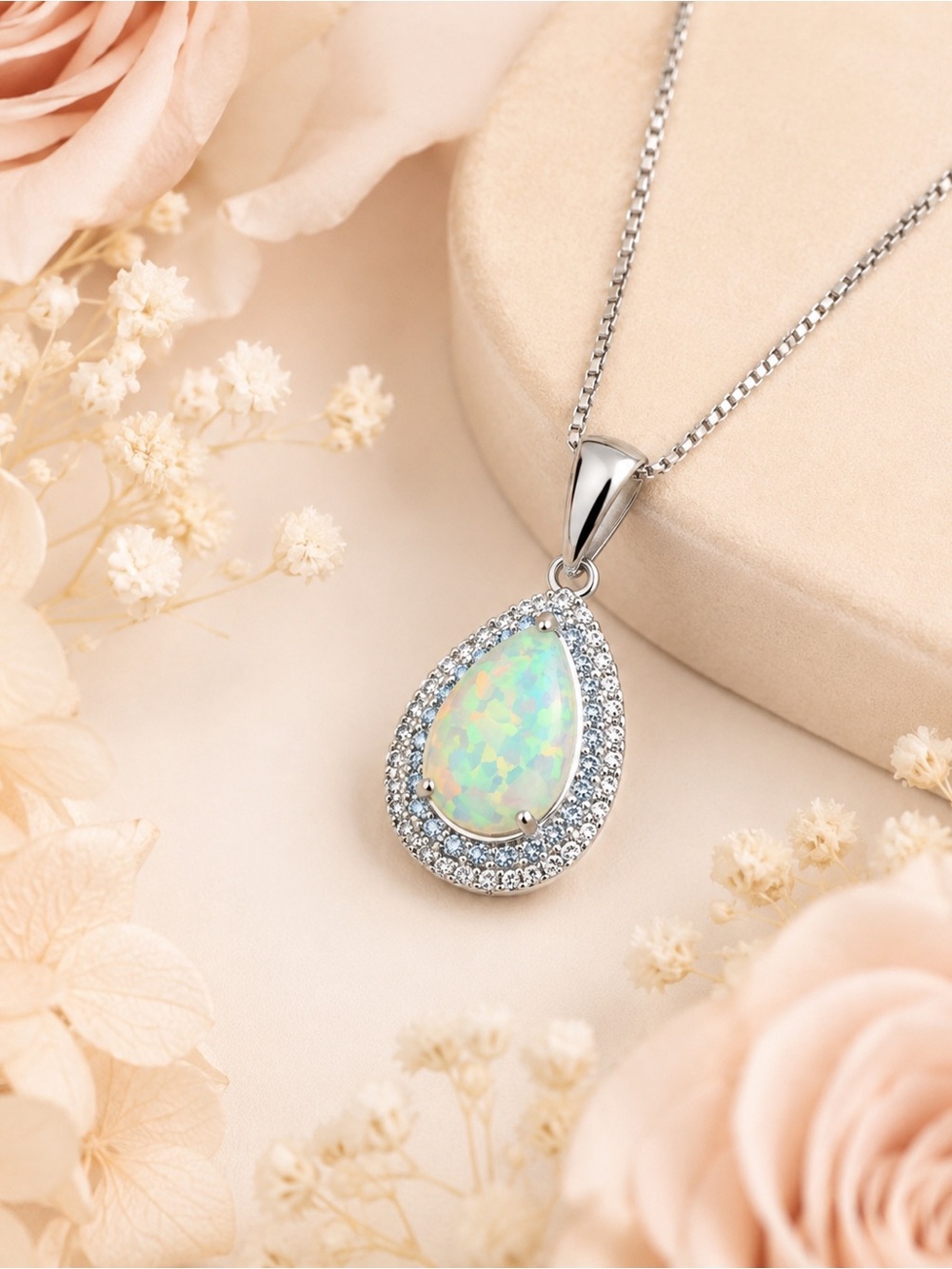 Sterling Teardrop Opal Pendant Necklace - Iridescent Opal - Picture 2 of 5